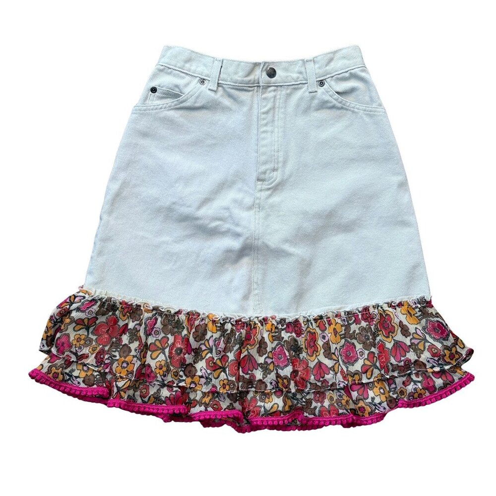 White Denim & Ruffle Skirt – XS – Western Boho Cowgirl - Arizona Jean Co